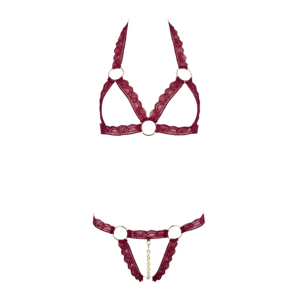 Soutien-gorge ouvert et string rouge à larges bandes sexy - R2213010