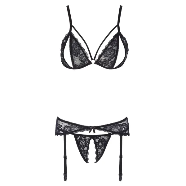 Ensemble trois pièces avec soutien-gorge fendu, porte-jarretelles et string noir - R2230348