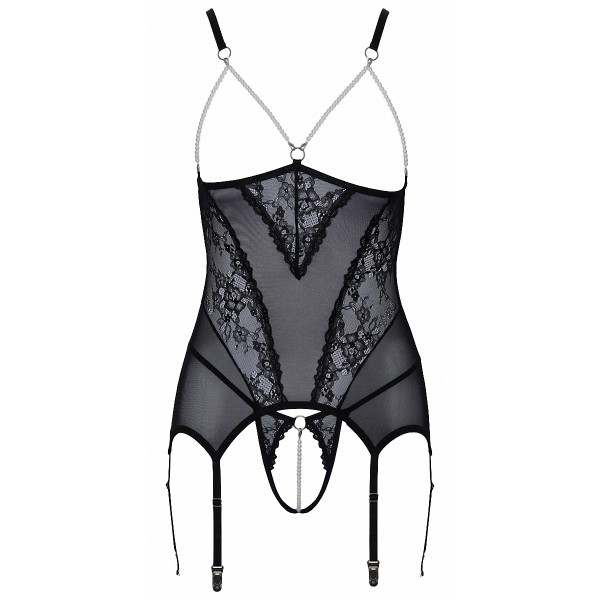 Guêpière seins nus et string ouvert résille et perles - Cottelli Lingerie