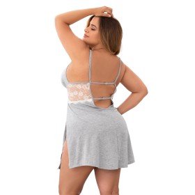 Nuisette en coton grise grande taille fendue sur les côtés et finition dentelle blanche - MAL7313XGREY