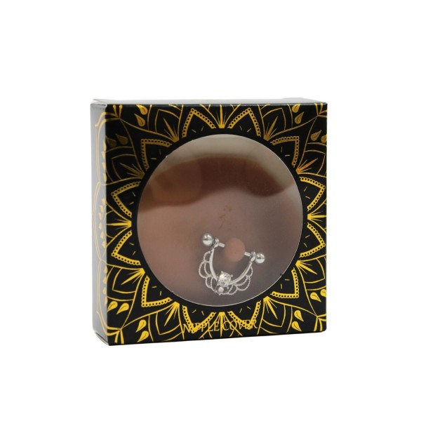 Paire de cache-tétons piercing barre demi-anneau faux diamant peau foncée - XP008F