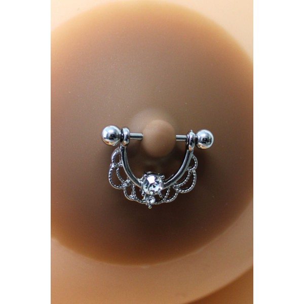 Paire de cache-tétons piercing barre demi-anneau faux diamant peau foncée - XP008F