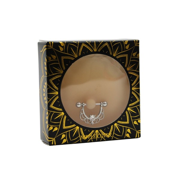 Paire de cache-tétons piercing barre demi-anneau diamant peau claire - XP008C