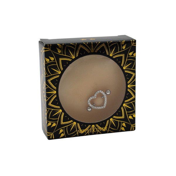 Paire de cache-tétons piercing barre coeur faux diamant peau claire - XP004C