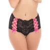 Shorty noir en dentelle et rubans entrecroisés rose sur les côtés - REN1162-BLK