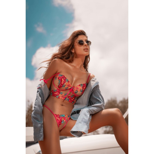 Ensemble 2 pièces brodé rose et bleu, bustier et string - MAL8926SEGA