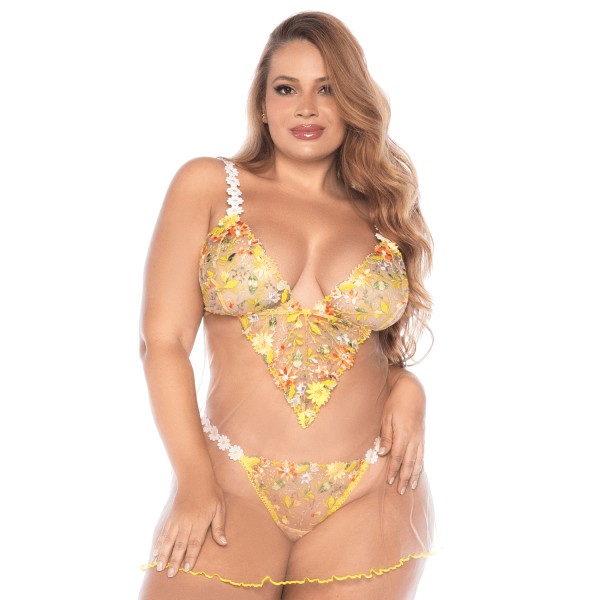 Nuisette grande taille transparente brodée jaune et string - MAL7608XSUBS