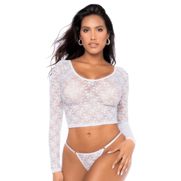 Ensemble 2 pièces en dentelle blanche, crop top et string - MAL8918WHT