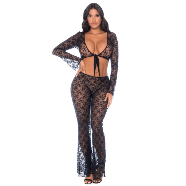 Top et pantalon en dentelle florale noire - MAL1915BLK