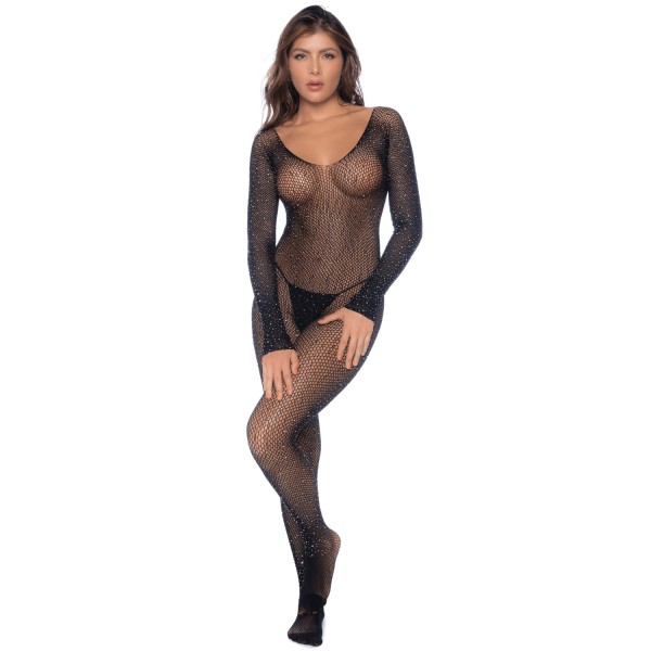Combinaison noire en résille ornée de strass - MAL1131BKRH