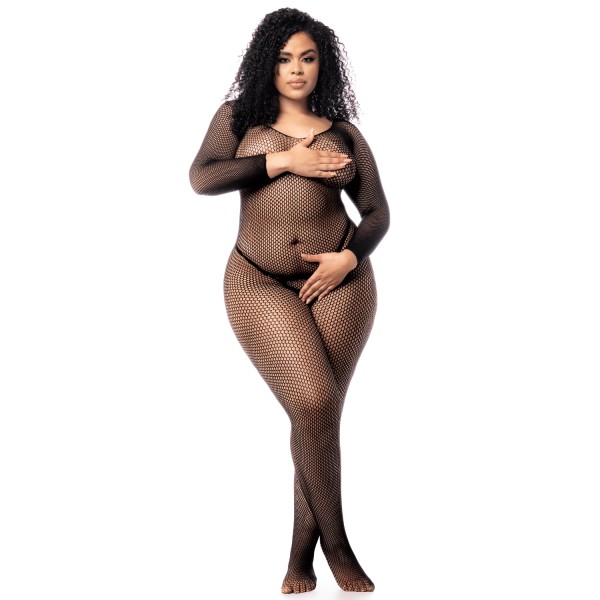 Combinaison grande taille manches longues en résille noire - MAL1102XBLK