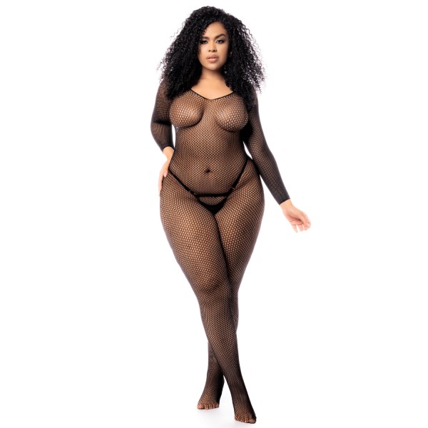 Combinaison grande taille manches longues en résille noire - MAL1102XBLK