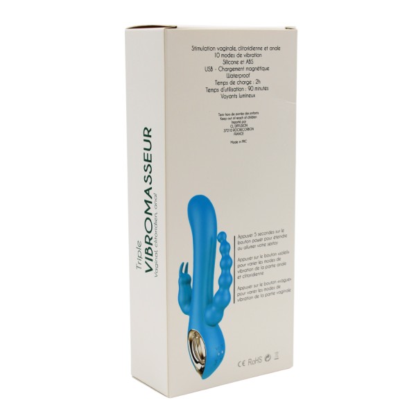 Vibromasseur rabbit  bleu  avec chapelet vibrant - TOZ-024BLU