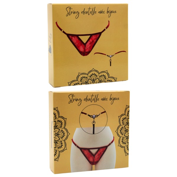 String rouge avec bijou perle  strass dorés - PA06MRED