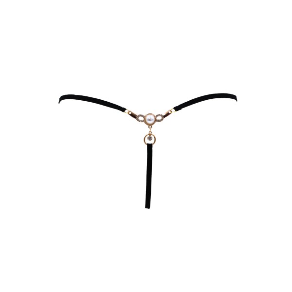 String noir avec bijou perle  strass dorés - PA06MBLK