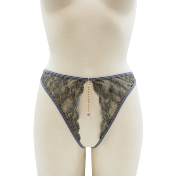 String gris avec bijou couleur aléatoire et chaîne dorée - PA05MGREY