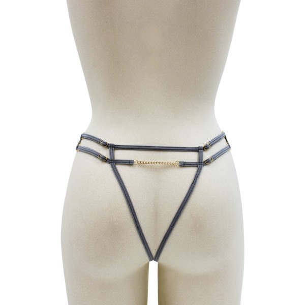 String gris avec bijou couleur aléatoire et chaîne dorée - PA05MGREY