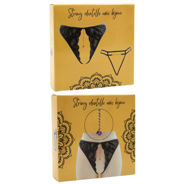 String gris avec bijou couleur aléatoire et chaîne dorée - PA05MGREY