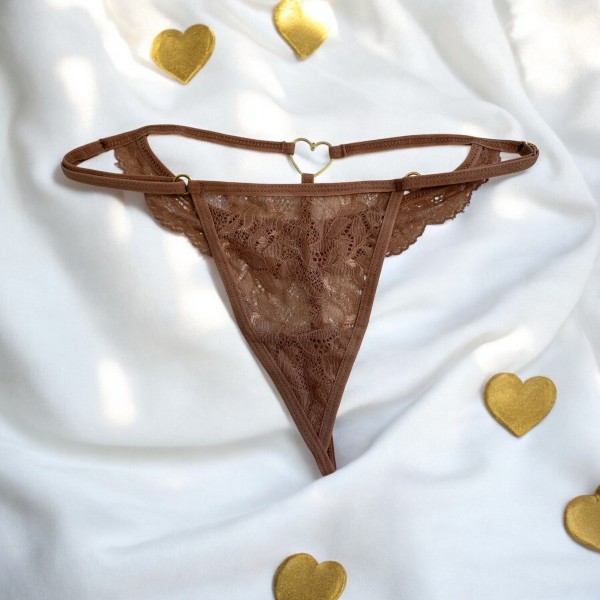 String taupe en dentelle avec bijou cœur doré - PA02MBRW