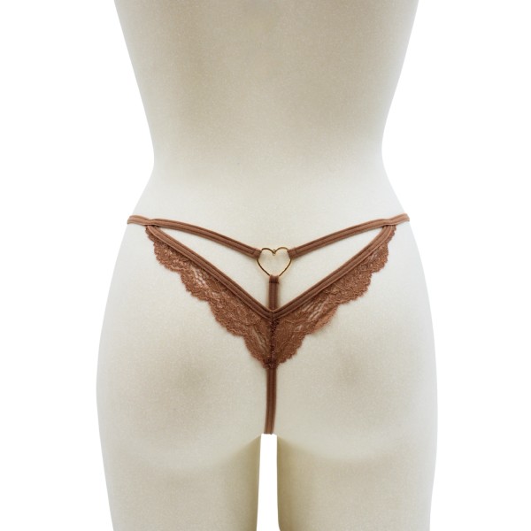 String taupe en dentelle avec bijou cœur doré - PA02MBRW