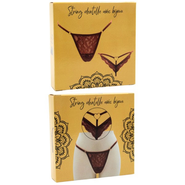 String taupe en dentelle avec bijou cœur doré - PA02MBRW