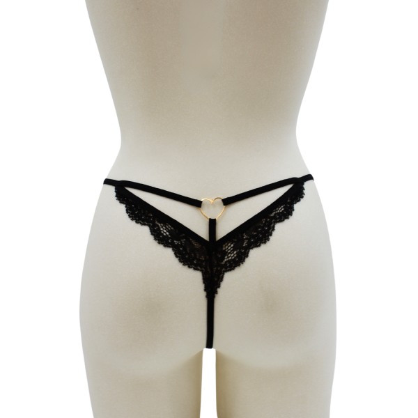 String noir en dentelle avec bijou cœur doré - PA02MBLK