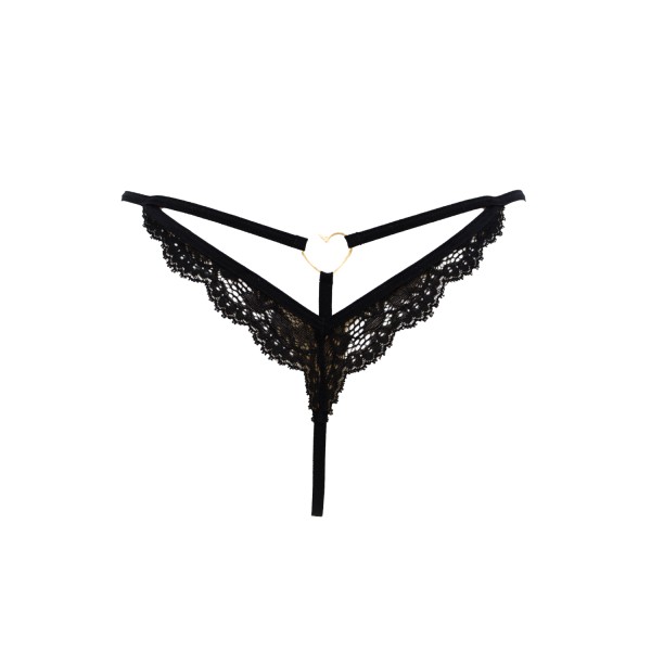 String noir en dentelle avec bijou cœur doré - PA02MBLK