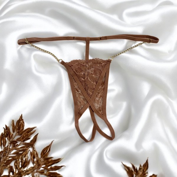 String en dentelle taupe ouvert avec chaînes dorées - PA01MTAUPE