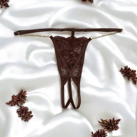 String en dentelle marron ouvert avec chaînes dorées - PA01MBRW