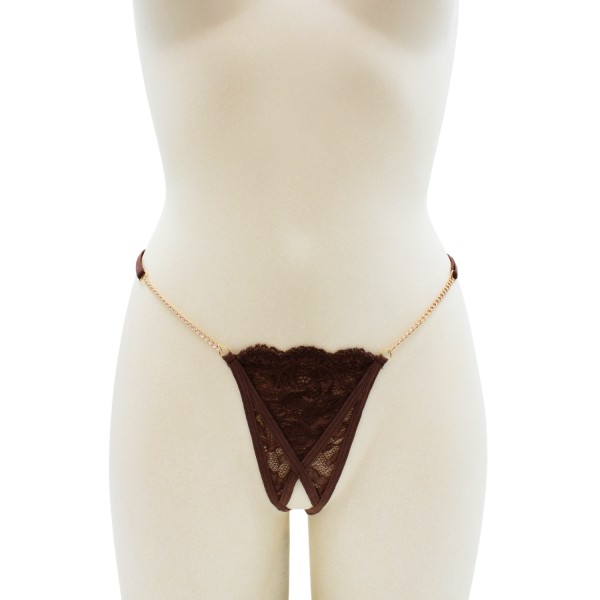 String en dentelle marron ouvert avec chaînes dorées - PA01MBRW