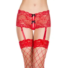 Panty porte jarretelles en dentelle rouge ouvert à l'entrejambe avec jarretelles amovibles - MH7742RED