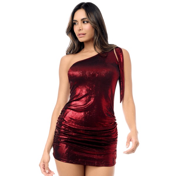 Mini-robe sexy asymétrique scintillante avec fronces - MAL40017SHRD