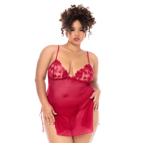 Babydoll grande taille Mapalé brodée avec string - MAL7620XRED