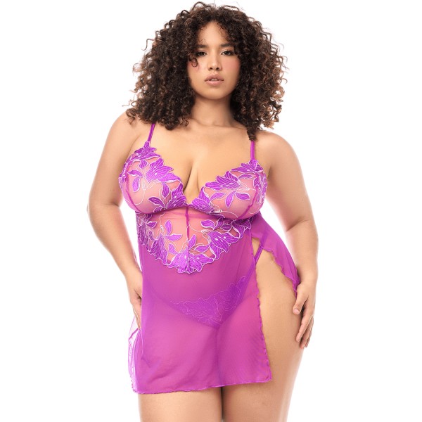 Babydoll grande taille en résille brodée florale et string - MAL7614XAZAL