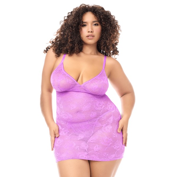Babydoll grande taille dentelle violette et string - MAL7613XWORC