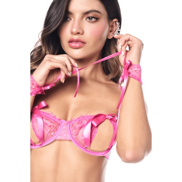 Ensemble sexy 4 pièces avec soutien-gorge ouvert, string, bandeau et menottes en dentelle - MAL8974PINK