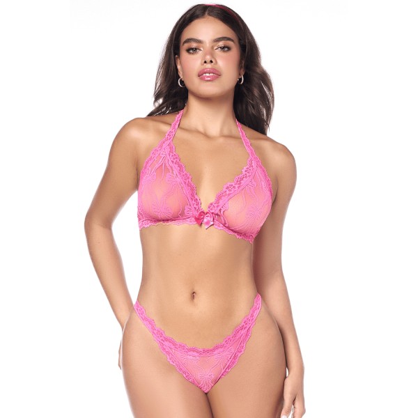 Ensemble sexy 2 pièces rose en dentelle délicate avec haut et string assorti - MAL8971PINK