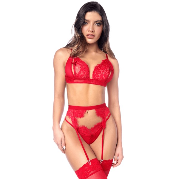 Ensemble sexy 3 pièces peek-a-boo en dentelle avec string et porte-jarretelles - MAL8970RED