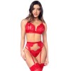 Ensemble sexy 3 pièces peek-a-boo en dentelle avec string et porte-jarretelles - MAL8970RED