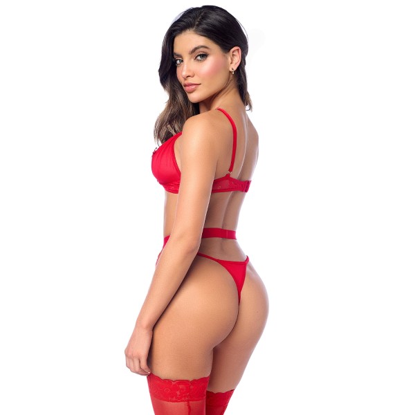 Ensemble sexy 3 pièces peek-a-boo en dentelle avec string et porte-jarretelles - MAL8970RED