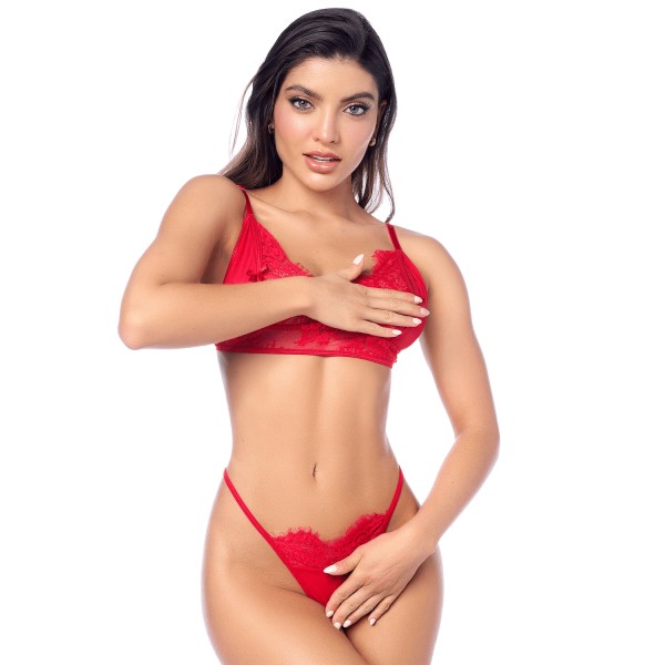 Ensemble sexy 3 pièces peek-a-boo en dentelle avec string et porte-jarretelles - MAL8970RED