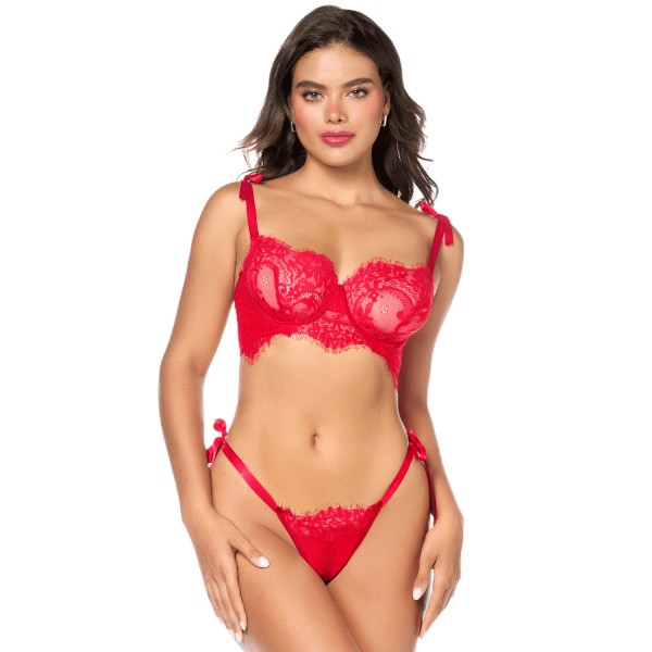 Ensemble sexy 2 pièces en dentelle avec liens à nouer et string - MAL8968RED