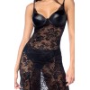 Robe longue sexy en dentelle  cuir avec string et porte-jarretelles - MAL7616BLK
