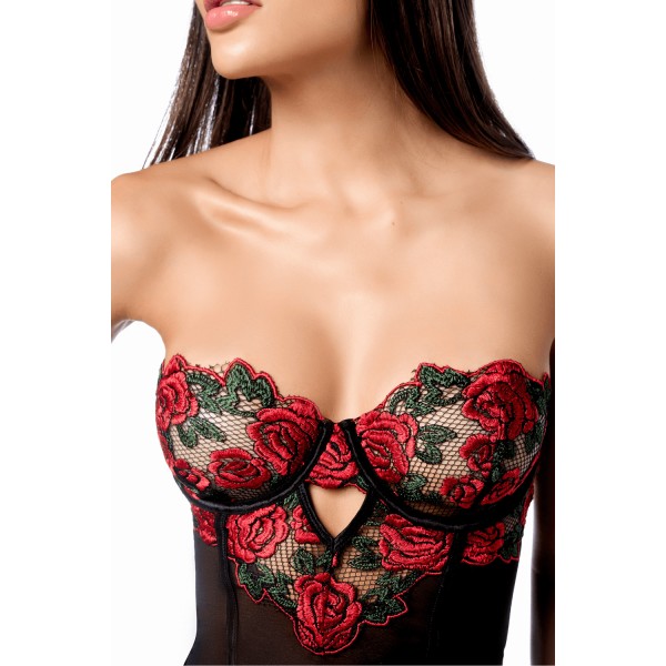 Babydoll sexy à armatures Mapalé broderie roses et string - MAL7619BKRD