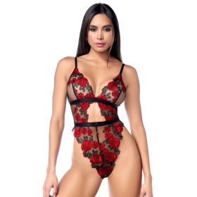 Teddy taille haute en résille noire brodée de roses avec ceinture - MAL8961BKRD