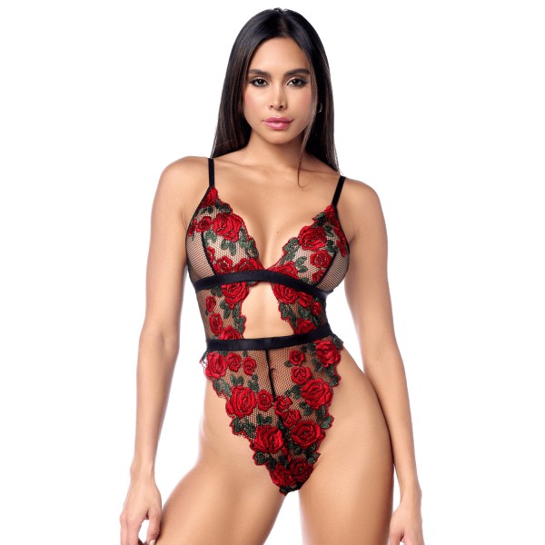 Teddy taille haute en résille noire brodée de roses avec ceinture - MAL8961BKRD