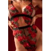 Teddy taille haute en résille noire brodée de roses avec ceinture - MAL8961BKRD
