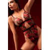 Teddy taille haute en résille noire brodée de roses avec ceinture - MAL8961BKRD