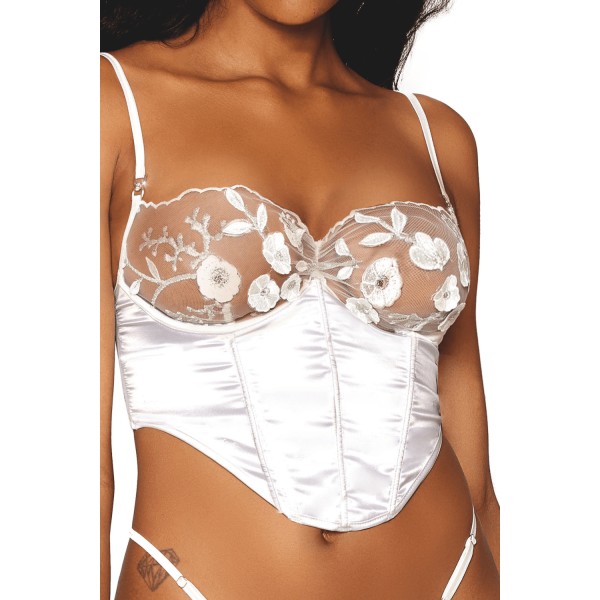 Bustier blanc avec armatures, en satin et dentelle florale 