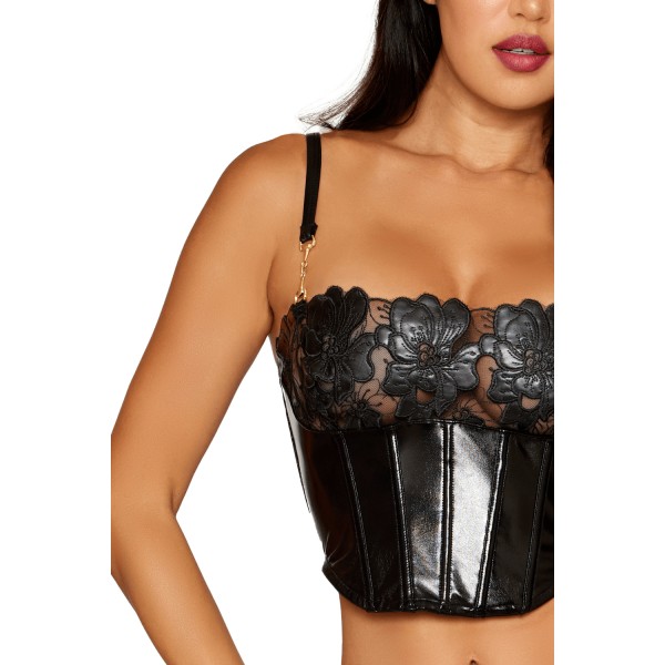 Bustier noir avec armatures en simili cuir, string assorti 